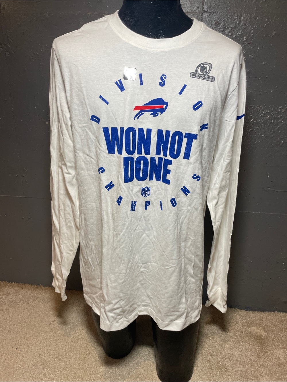 NFL Buffalo Bills White Long Sleeve 'Won Not Done' Tee with Blue & Red Logo